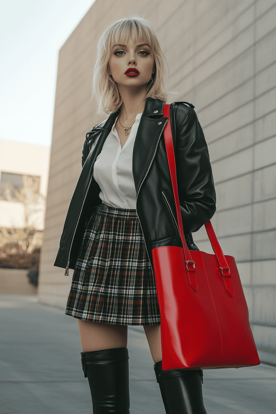 Trendy blonde woman in leather jacket, plaid skirt, and thigh-high boots with red tote bag.