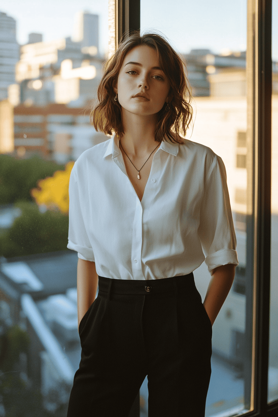 Confident young woman in white shirt and black pants by city window, urban professional style.