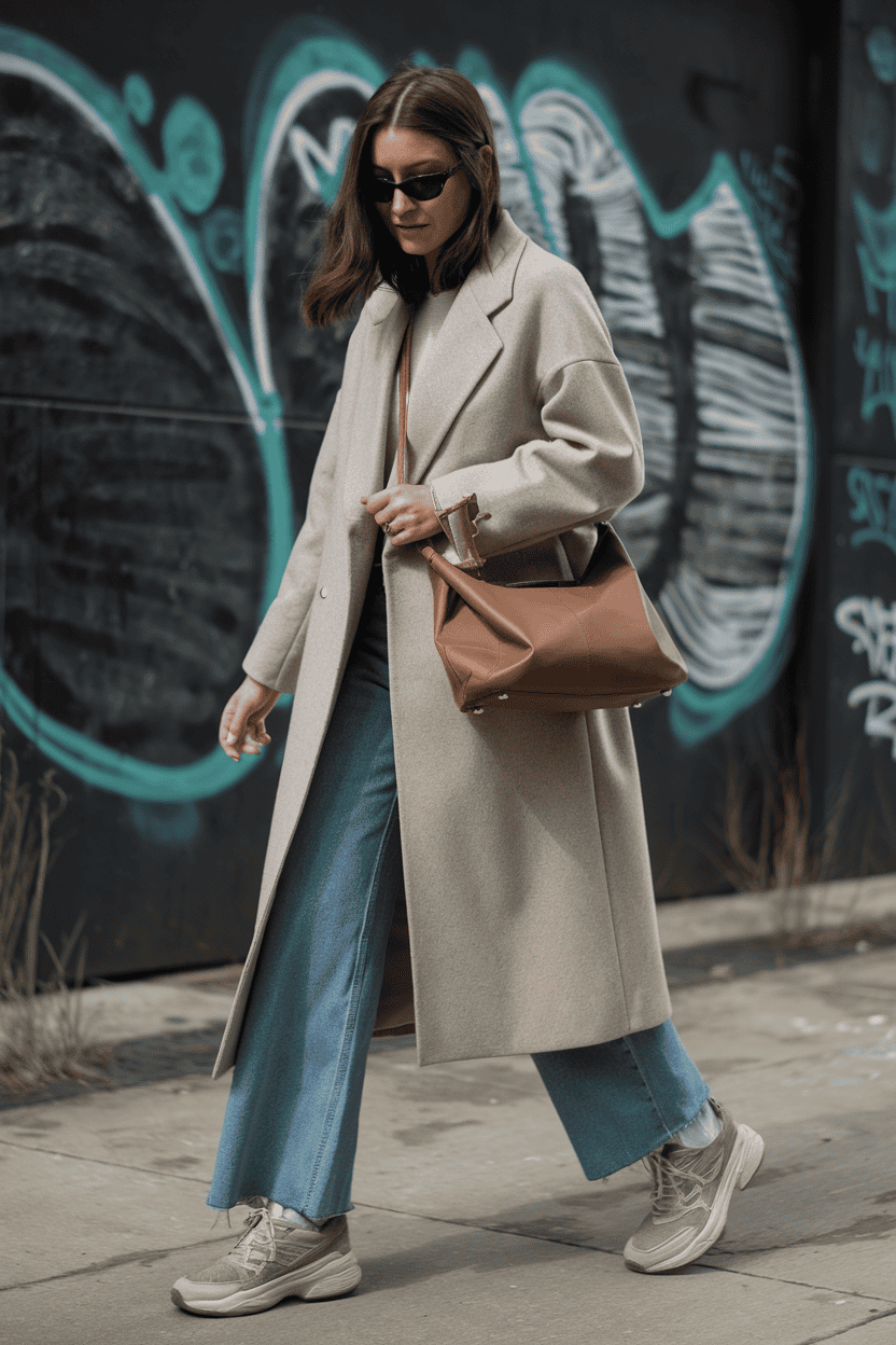 Confident woman in stylish beige coat and wide-leg jeans strolls through urban street art.