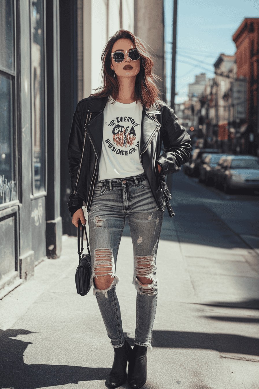 Trendy woman in black leather jacket and distressed jeans posing on a vibrant city street.