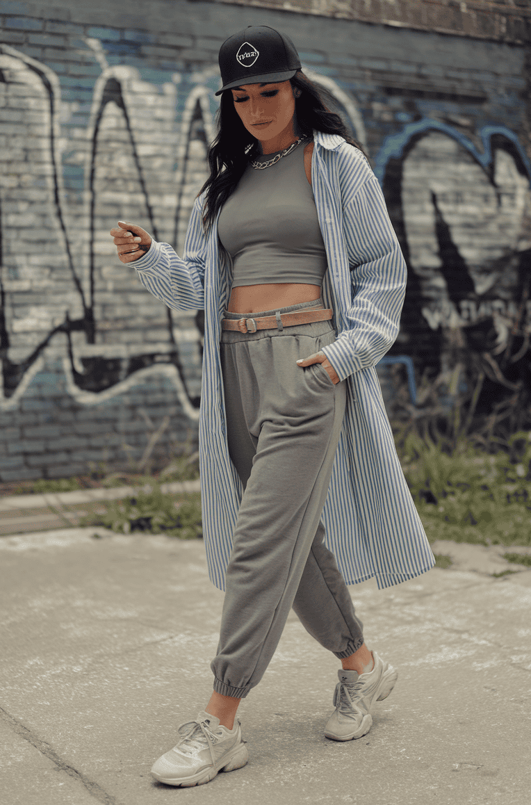 Woman in casual urban outfit walking confidently against vibrant graffiti backdrop.