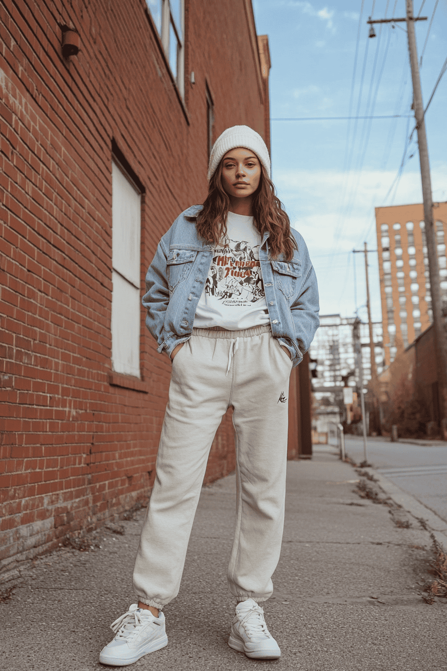 Trendy young woman in denim jacket and joggers posing in urban city street setting.