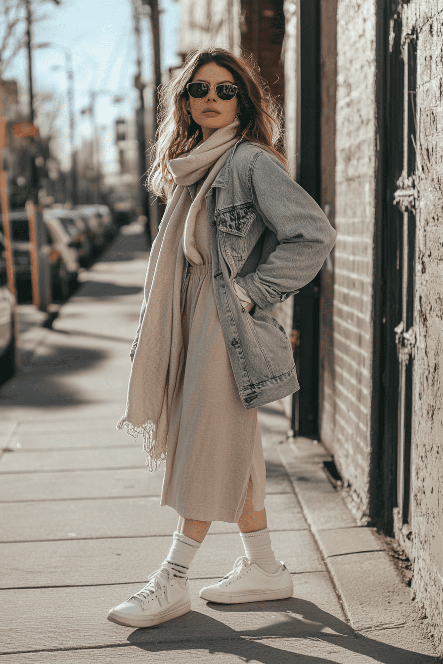 Trendy young woman in denim jacket and dress posing on city sidewalk, urban street fashion style.