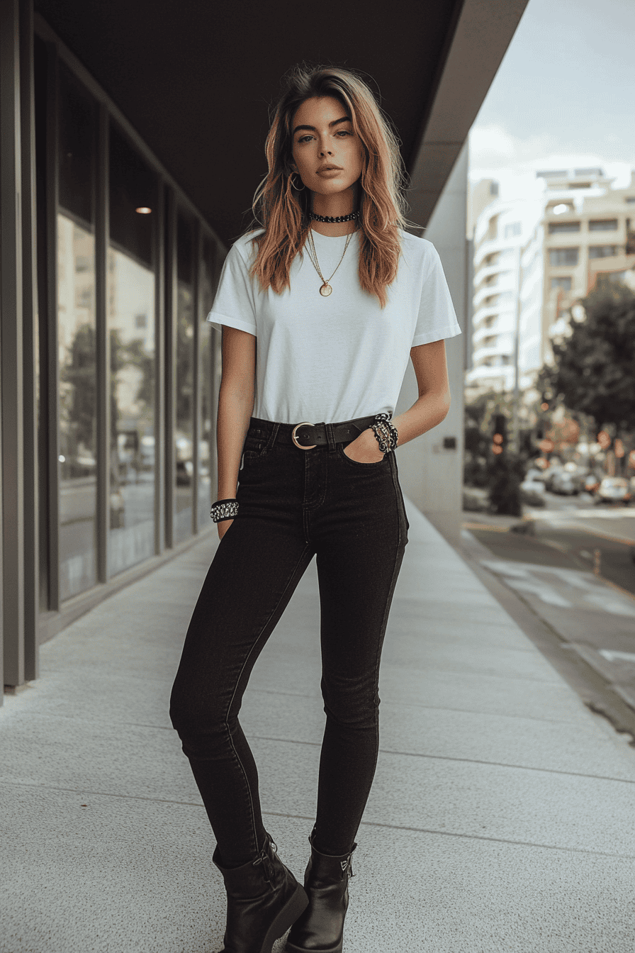 Trendy young woman in white t-shirt and black jeans, urban street fashion style.