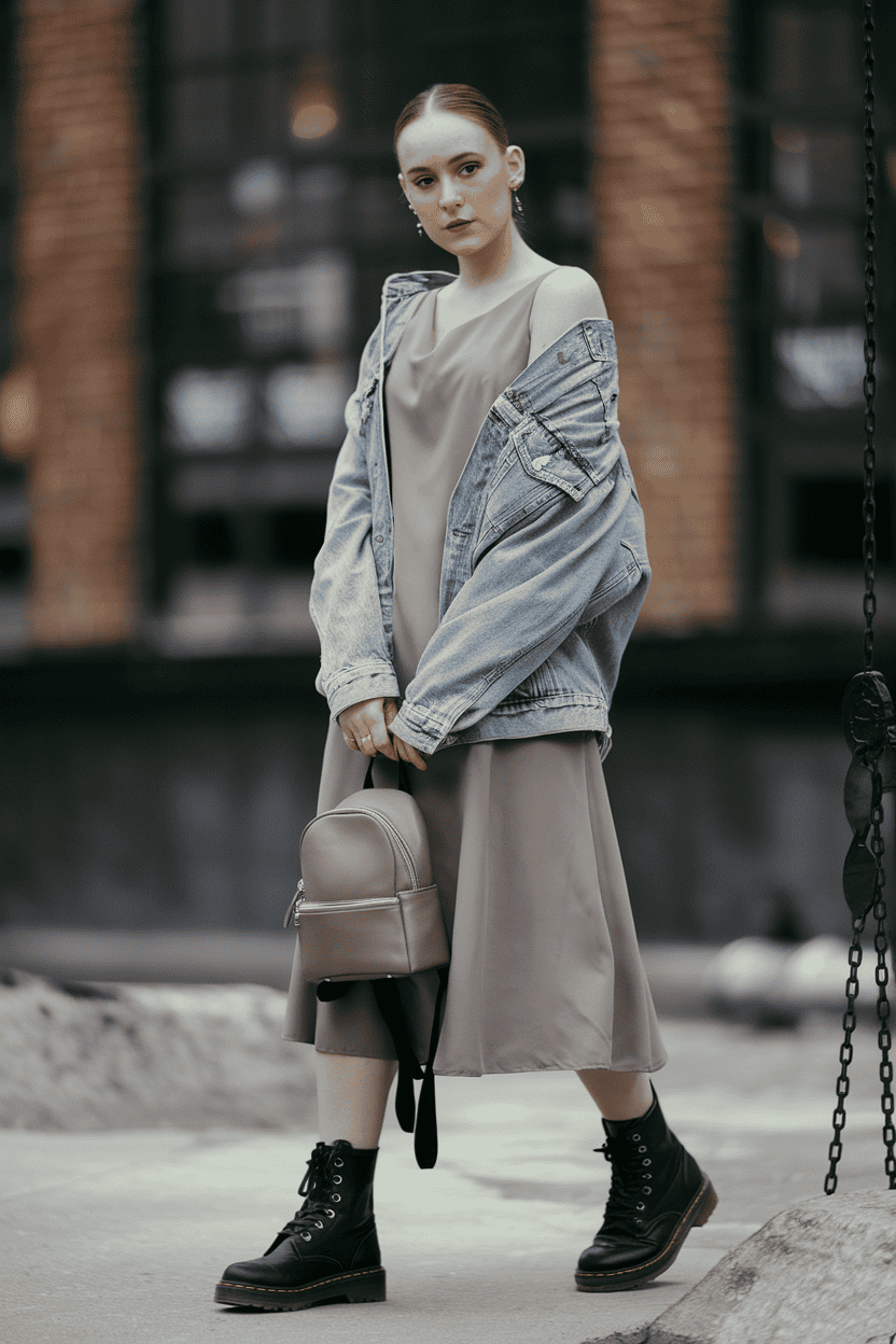 Young woman in urban setting showcasing stylish street fashion with dress, denim jacket, and combat boots.