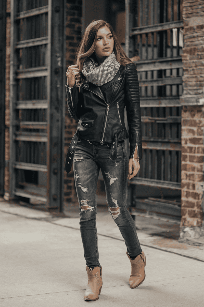 Trendy woman in leather jacket and distressed jeans walks confidently on urban street.