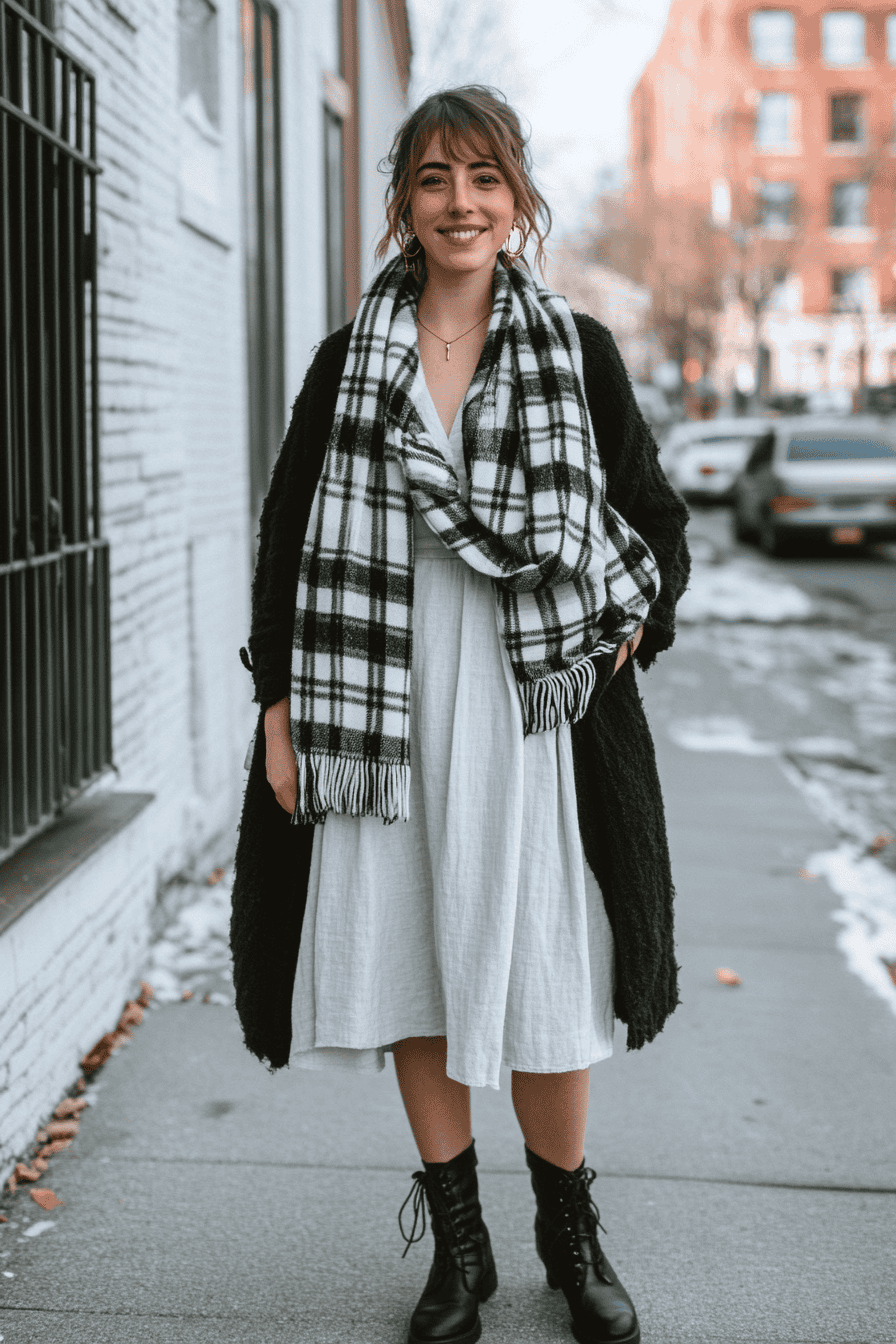 Stylish woman in winter city, white dress, oversized cardigan, plaid scarf, urban fashion scene.