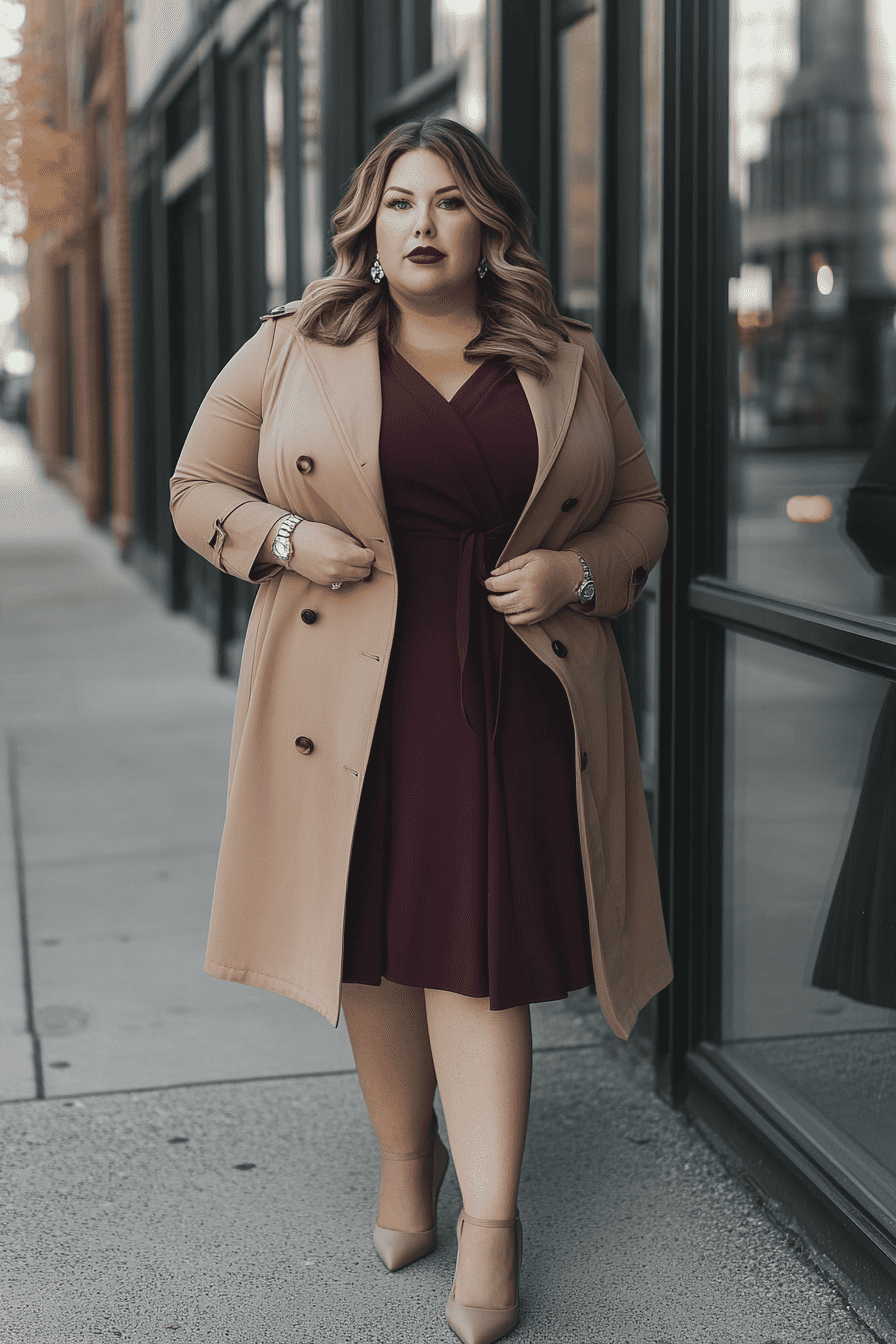 Confident woman in burgundy wrap dress and beige trench coat walking in modern city street.