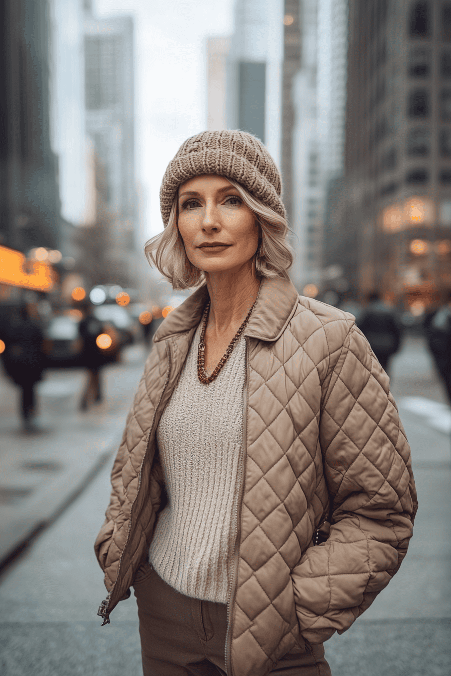 Stylish woman in beige jacket and beanie on busy city street with modern skyscrapers.