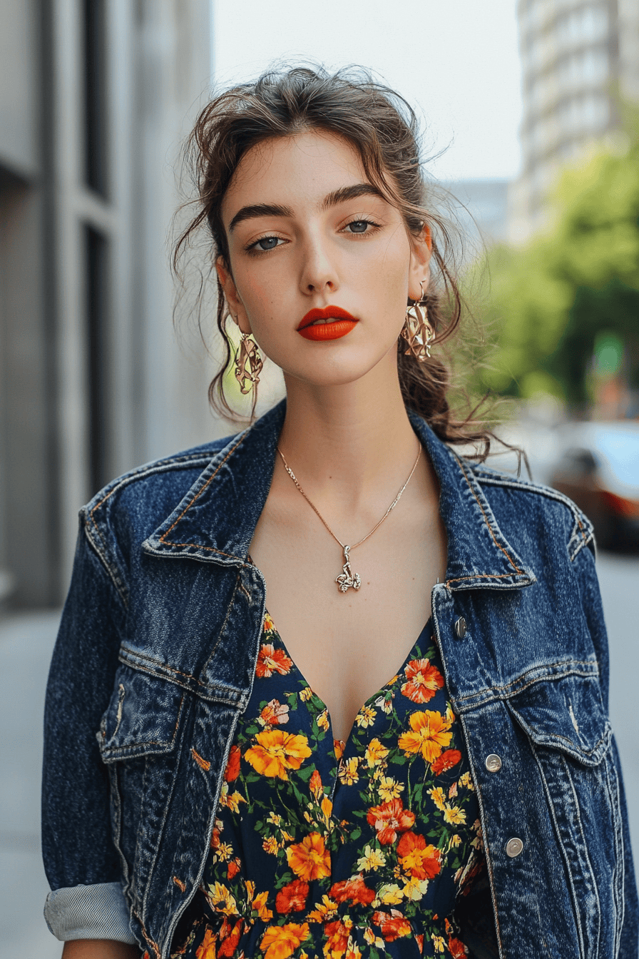 Stylish young woman in floral dress and denim jacket posing confidently on a sunny city street.