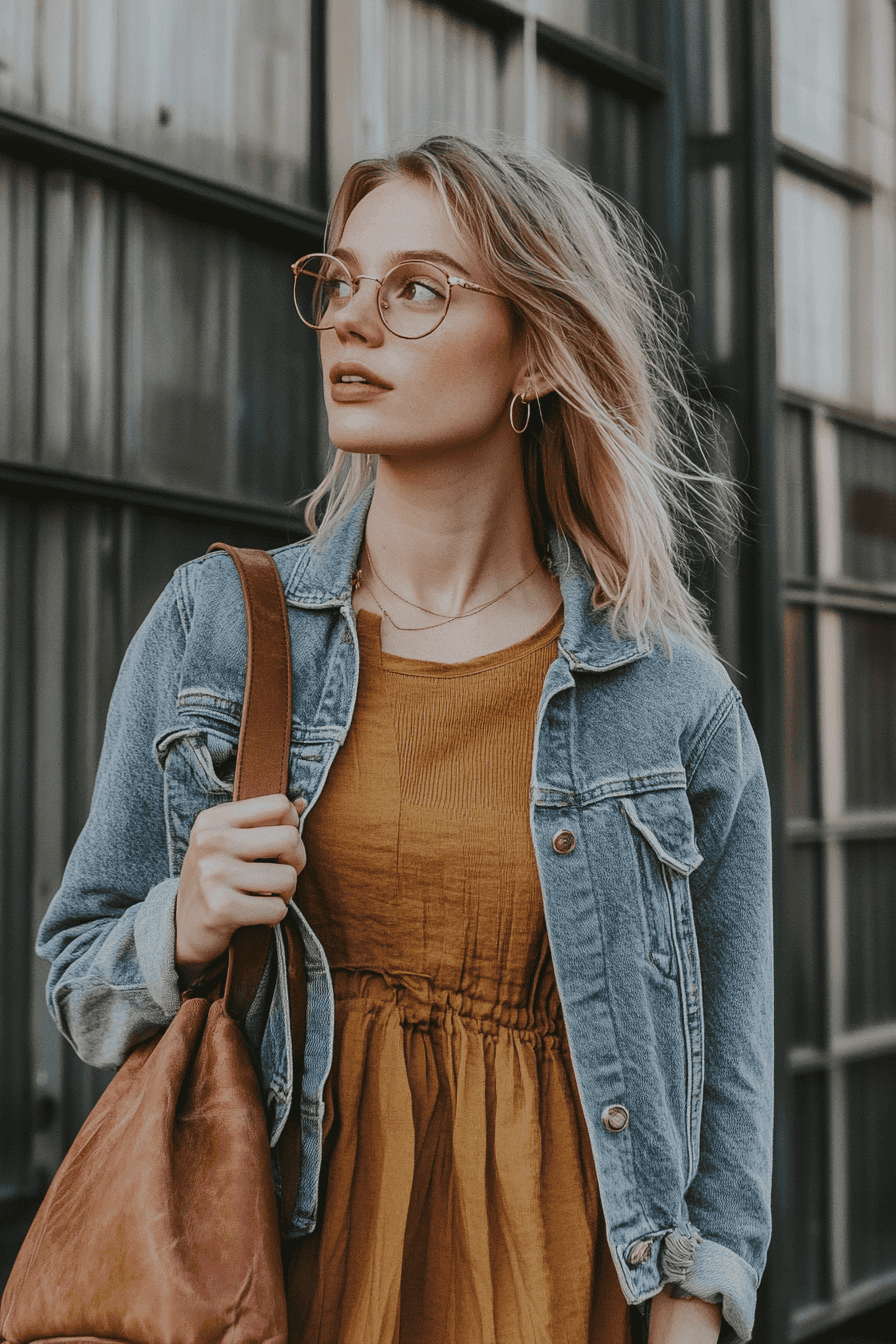 Stylish young woman in mustard dress and denim jacket in urban city setting with large windows.