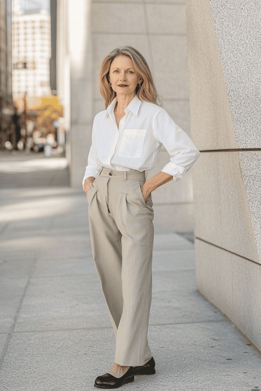 Stylish woman in white shirt and beige trousers standing city street urban fashion outfit.
