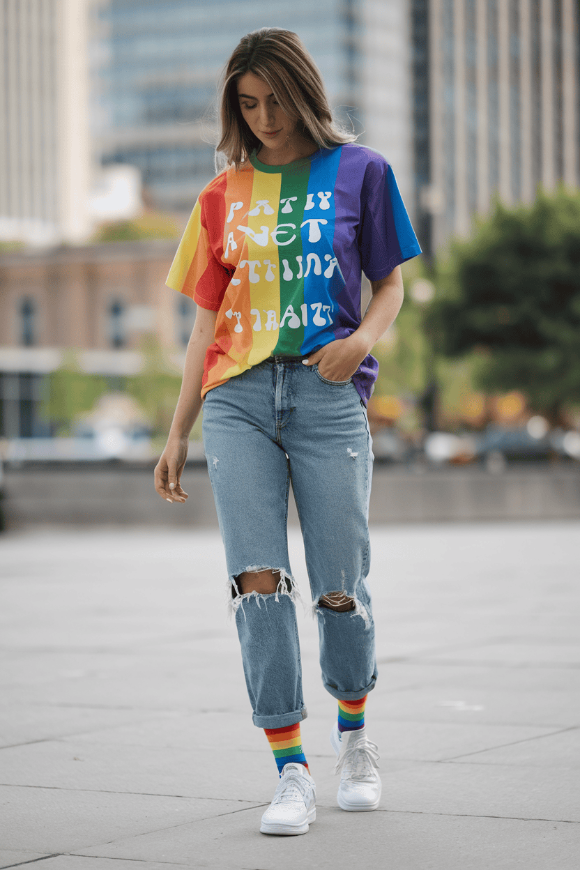 Young woman in a rainbow T-shirt and distressed jeans, exuding urban fashion and confidence.