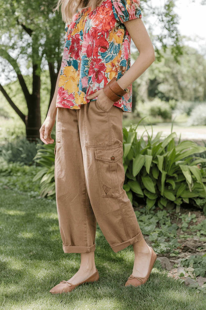 Woman in vibrant floral top and cargo pants enjoys a sunny day outdoors.