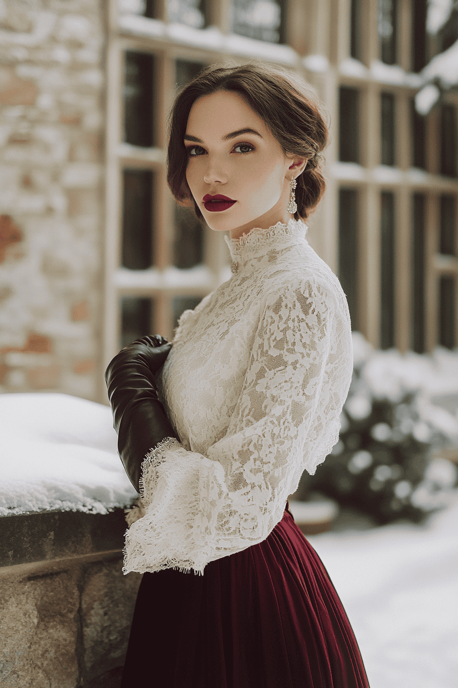 Elegant woman in vintage lace blouse and burgundy skirt poses in snowy winter fashion scene.