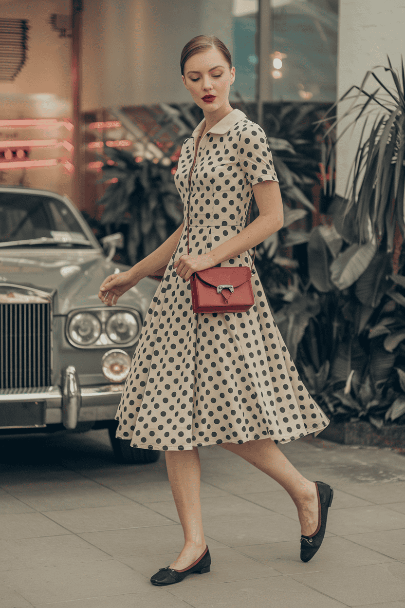 Stylish woman in vintage polka dot dress strolls urban street with elegance and confidence.