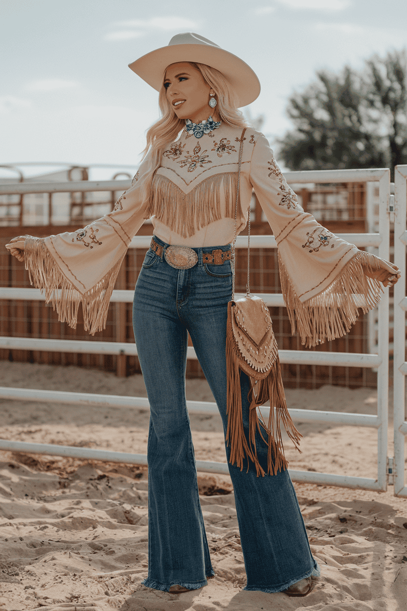 Stylish woman in western fashion, featuring embroidery and denim, poses in rustic outdoor setting.