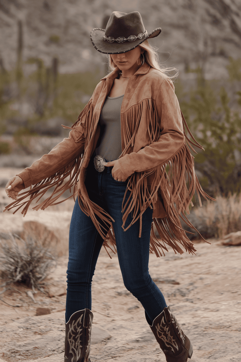 Woman in a fringed suede jacket against a desert backdrop, embodying modern Western fashion.