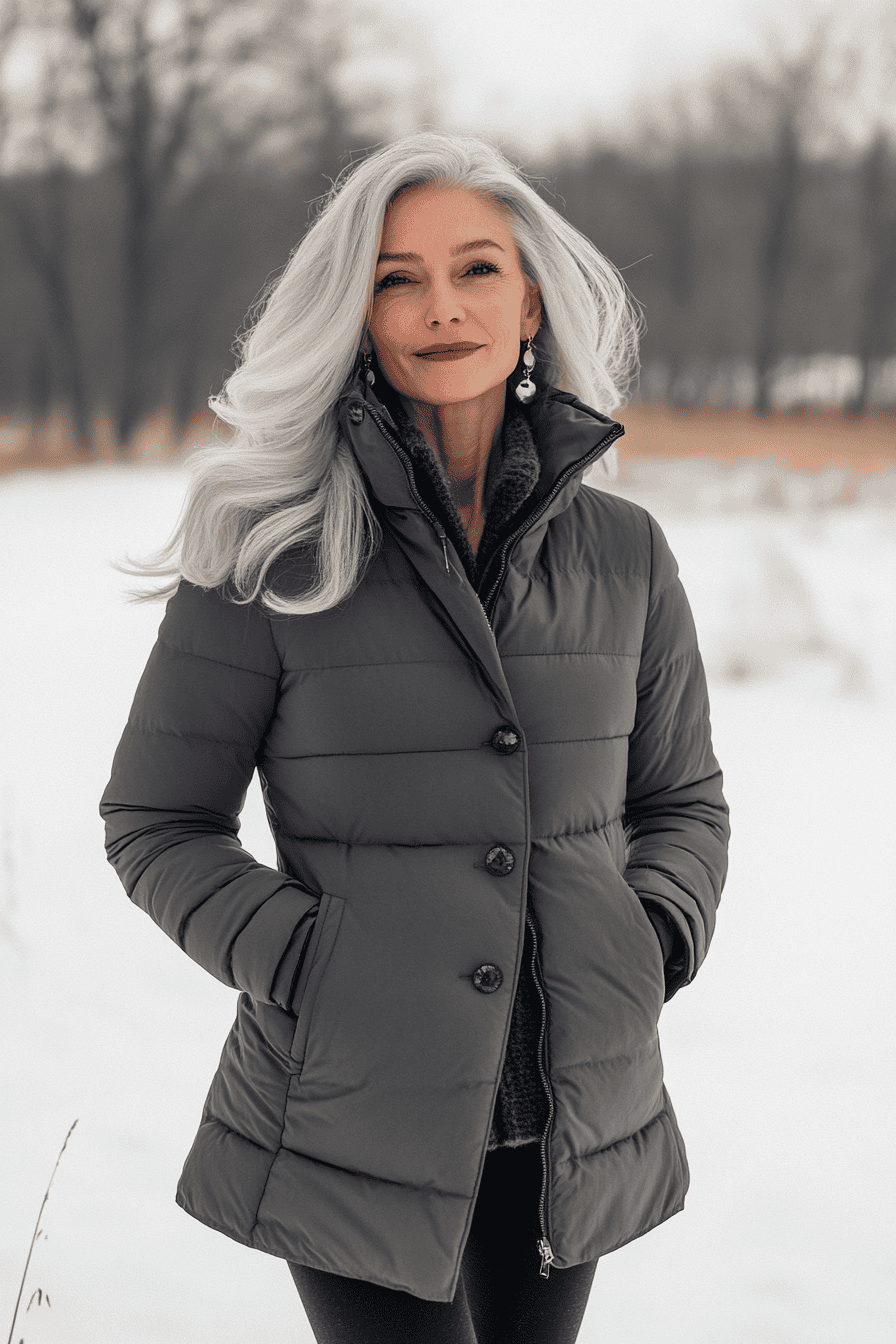 Stylish silver-haired woman in gray puffer jacket standing confidently in snowy winter landscape.