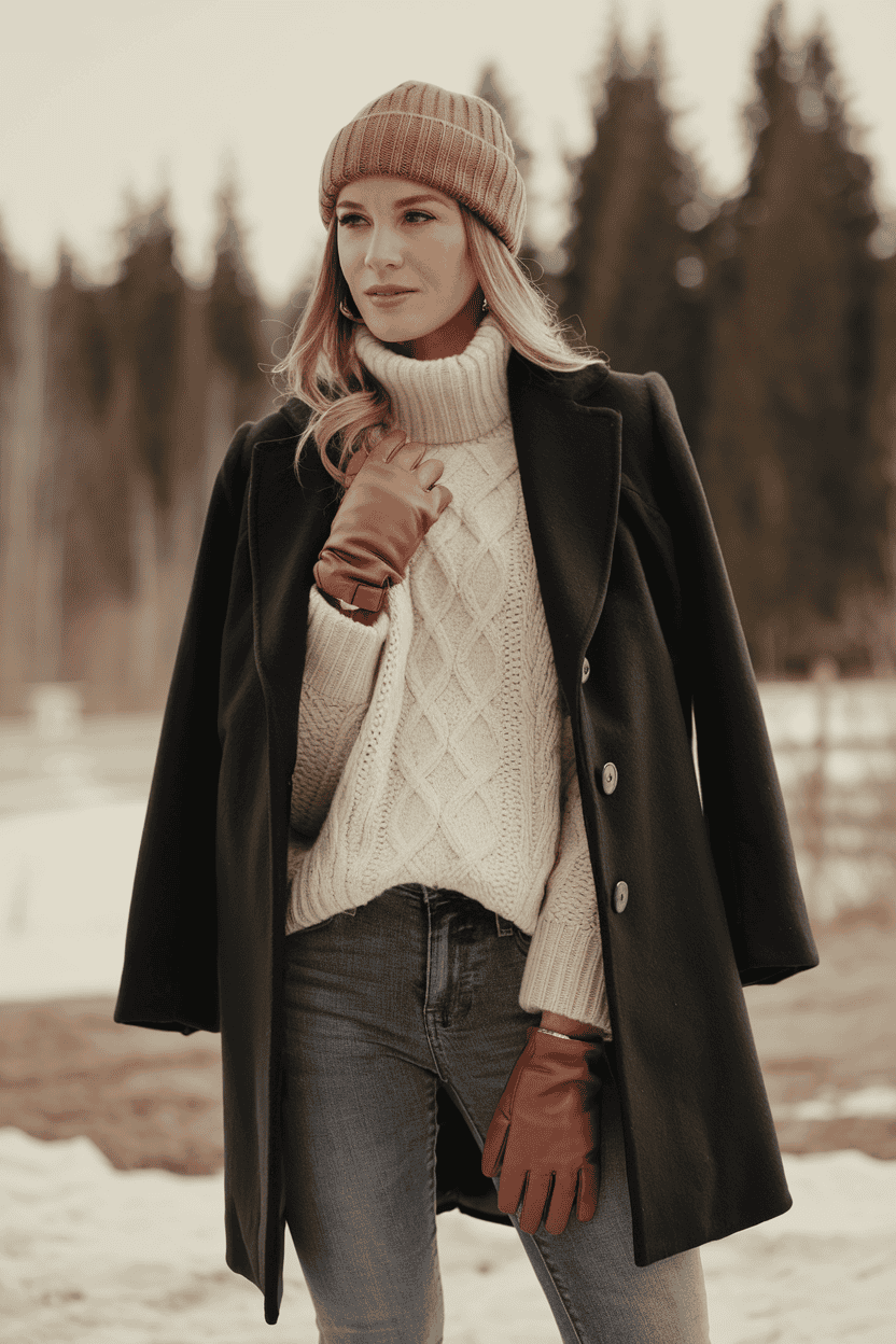 Stylish woman in winter fashion, warm sweater and elegant coat against serene snowy landscape.