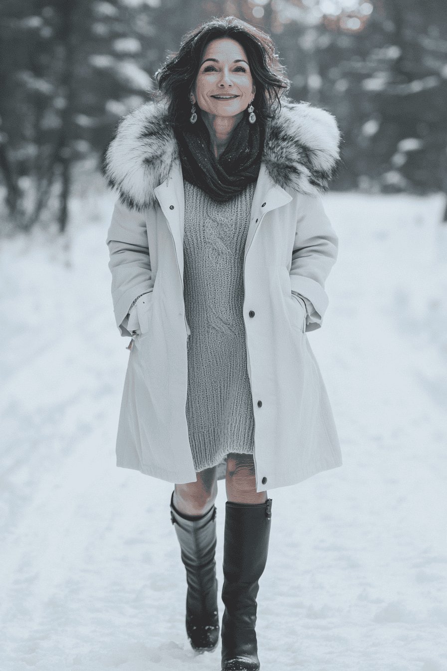 Woman in stylish winter coat and boots walking in snowy landscape, winter fashion outfit ideas.