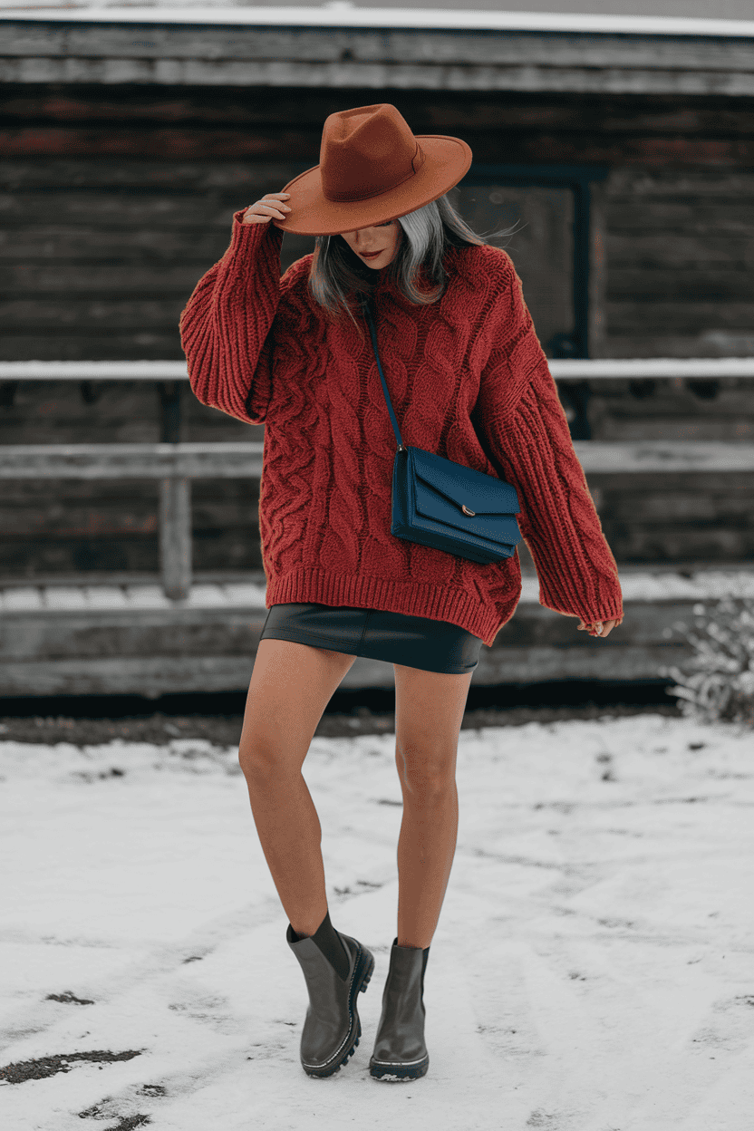 Stylish winter outfit with cozy red sweater, black skirt, and snowy rustic backdrop.