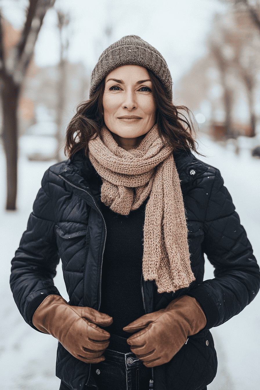Stylish woman in winter fashion with black jacket, beige scarf, and hat standing in snowy outdoors.