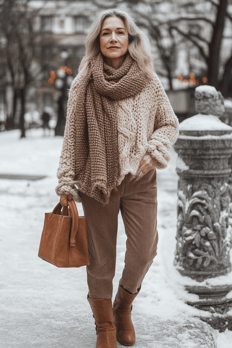 Stylish woman in knitted sweater and corduroy pants walks through snowy city street in winter.