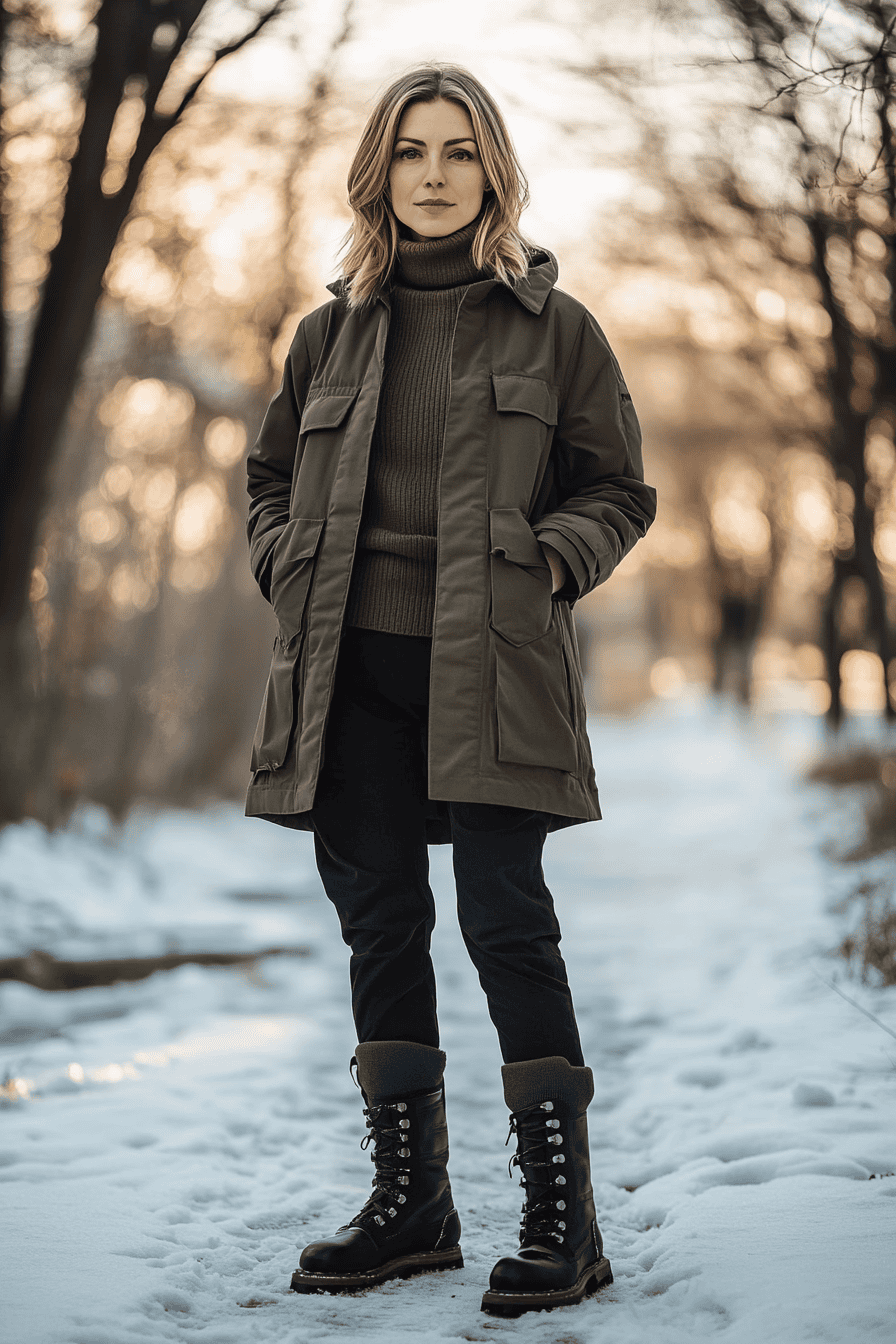 Woman in olive parka and boots posing in snowy winter landscape at sunset.