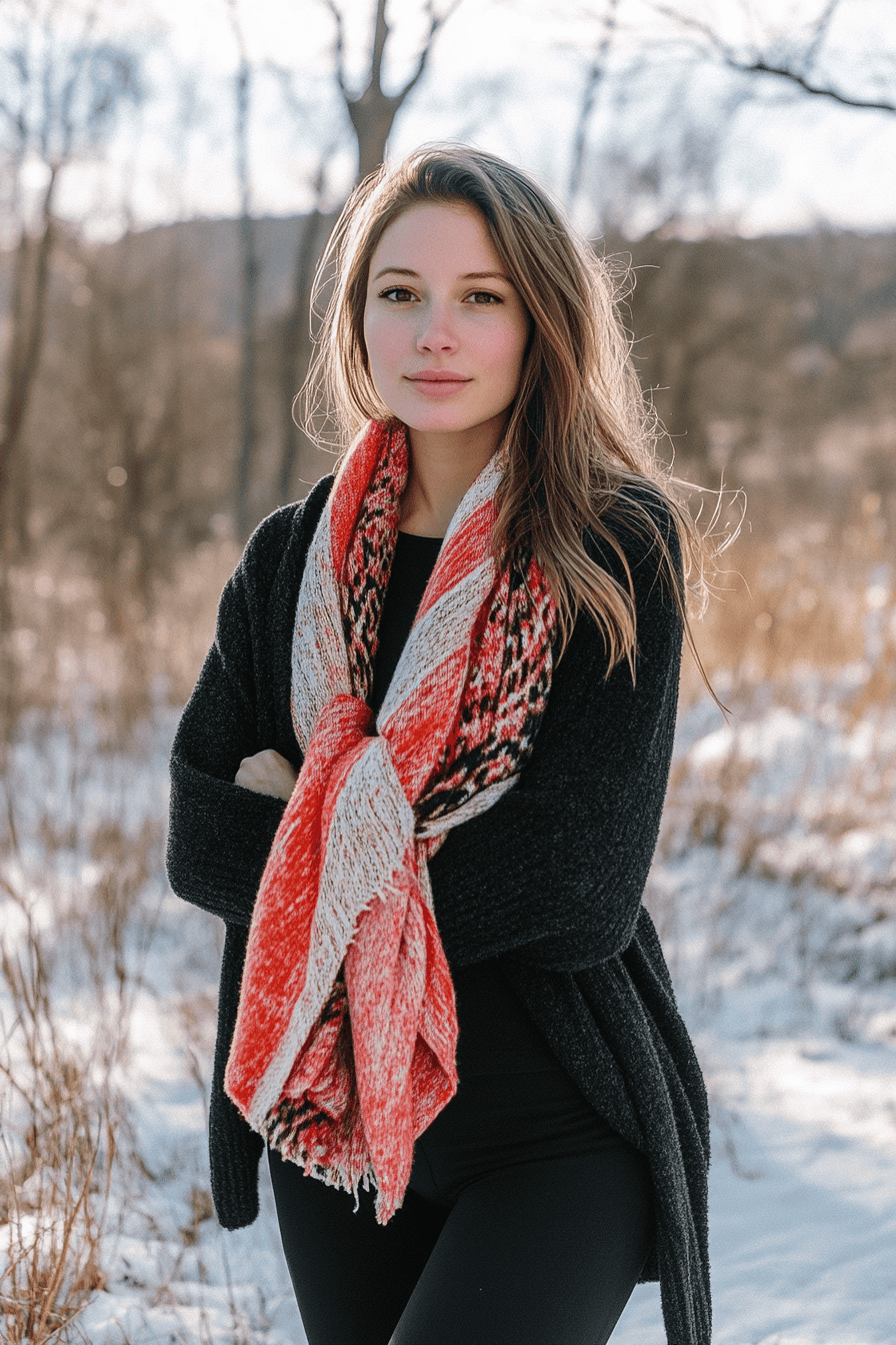 Young woman in cozy scarf and cardigan standing in snowy winter landscape with bare trees.