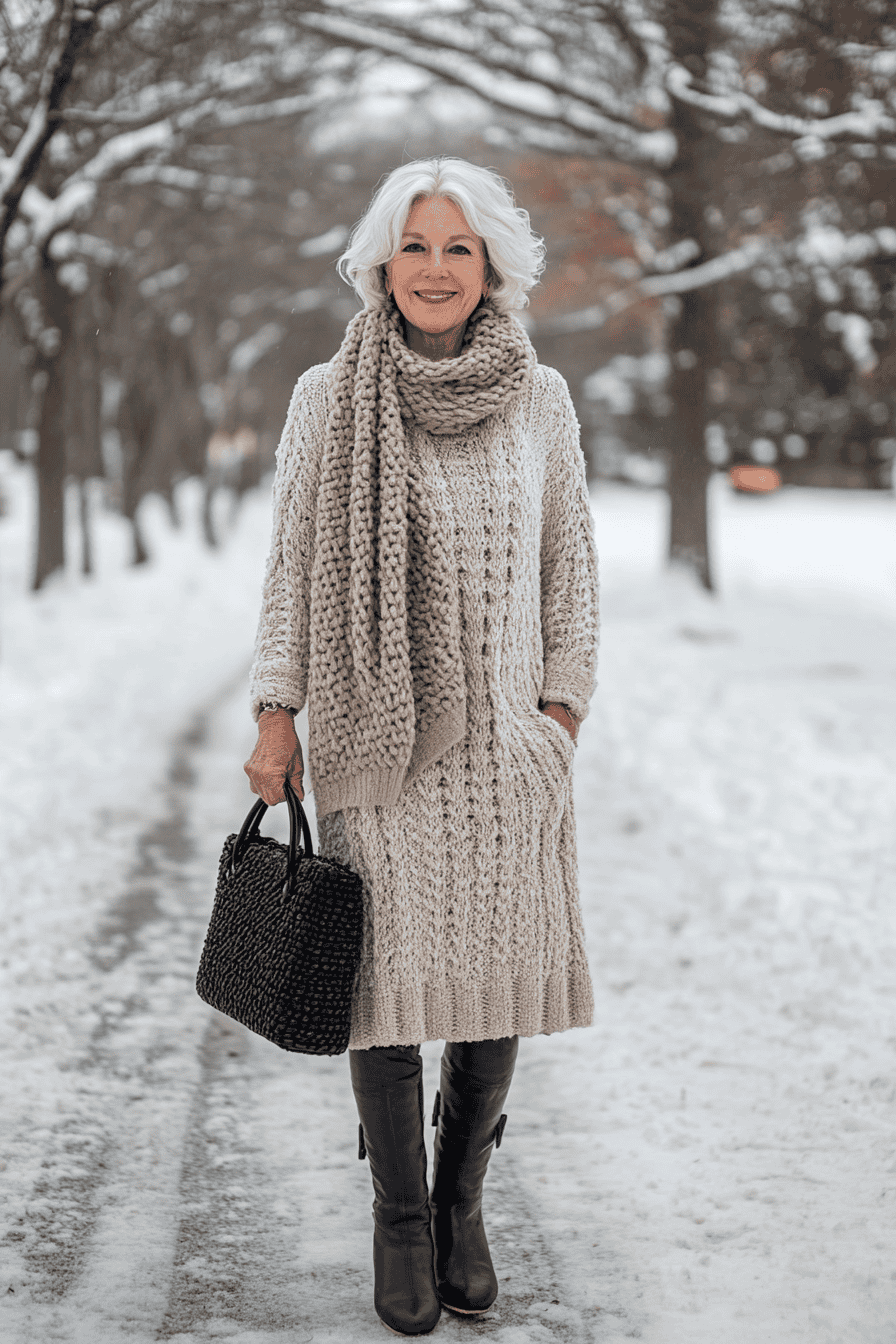 Elegant silver-haired woman in beige winter sweater dress and scarf, holding black handbag in snowy scene.