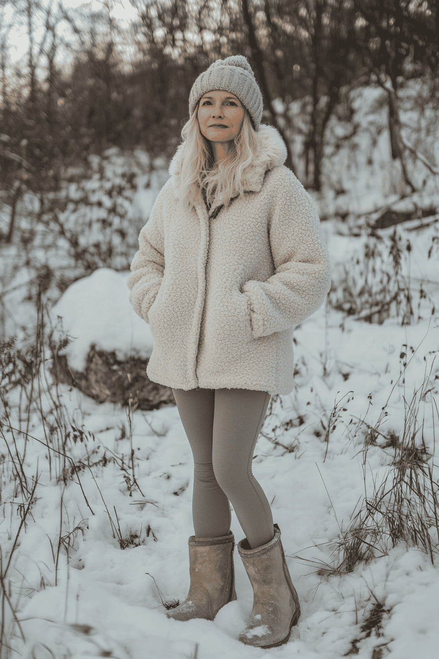 Woman in cozy cream coat and beanie posing in snowy winter forest, winter fashion style.