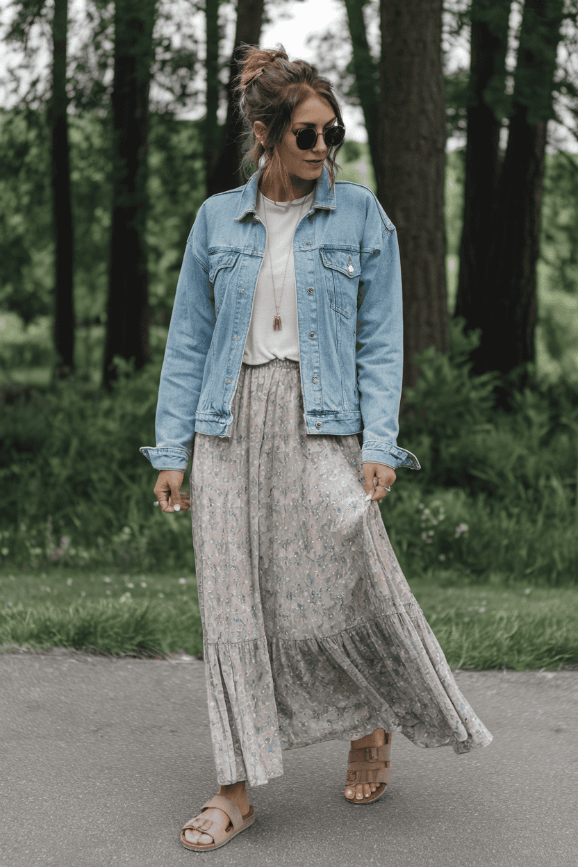 Fashionable woman in denim jacket and floral maxi skirt enjoying nature outdoors.