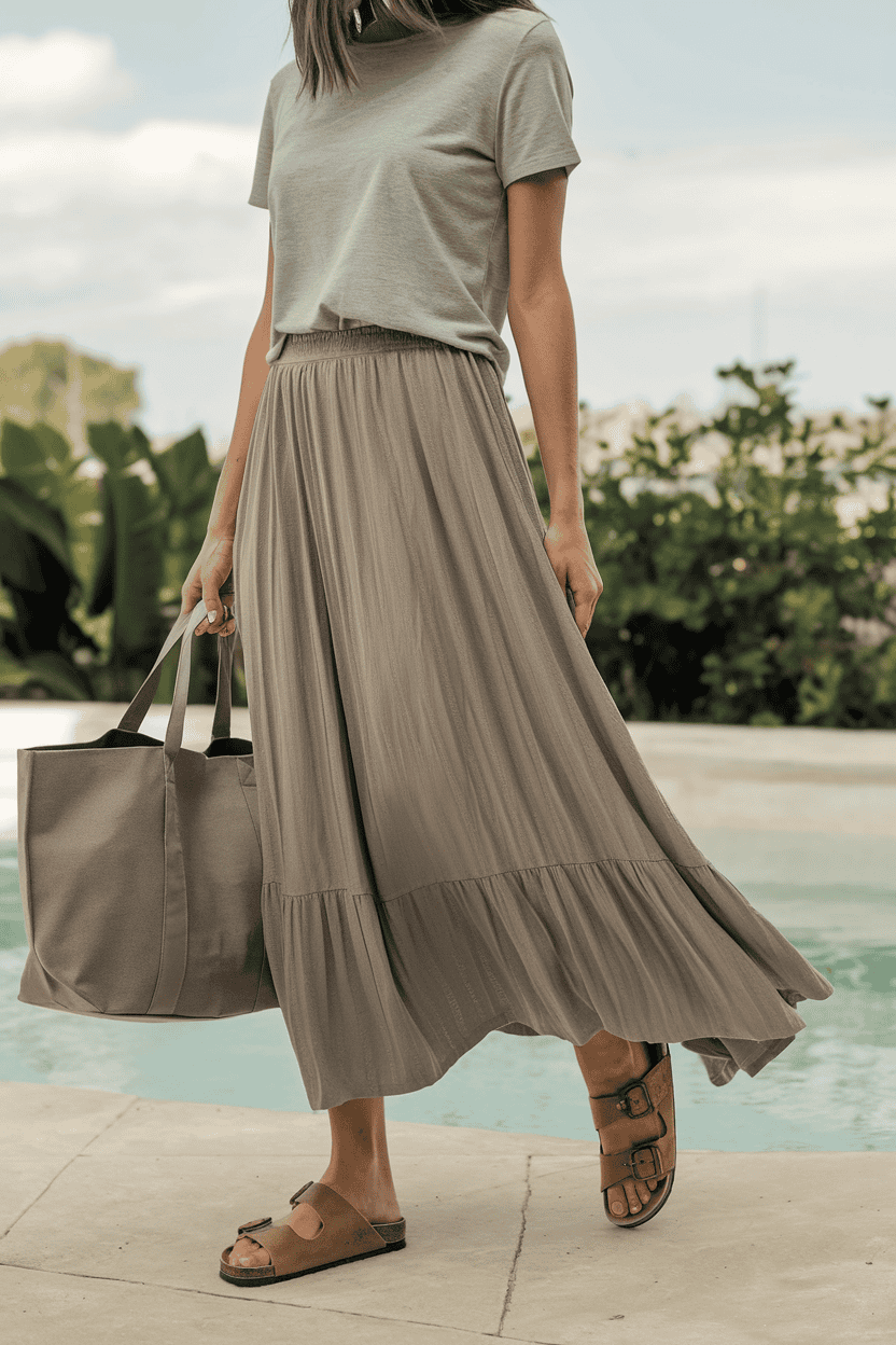 Woman in casual summer outfit by the pool, showcasing relaxed style and outdoor vibes.