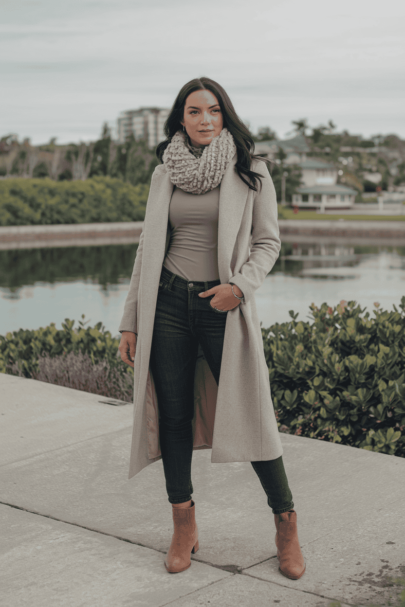 Stylish young woman by water in fashionable outfit, enjoying nature and urban scenery.