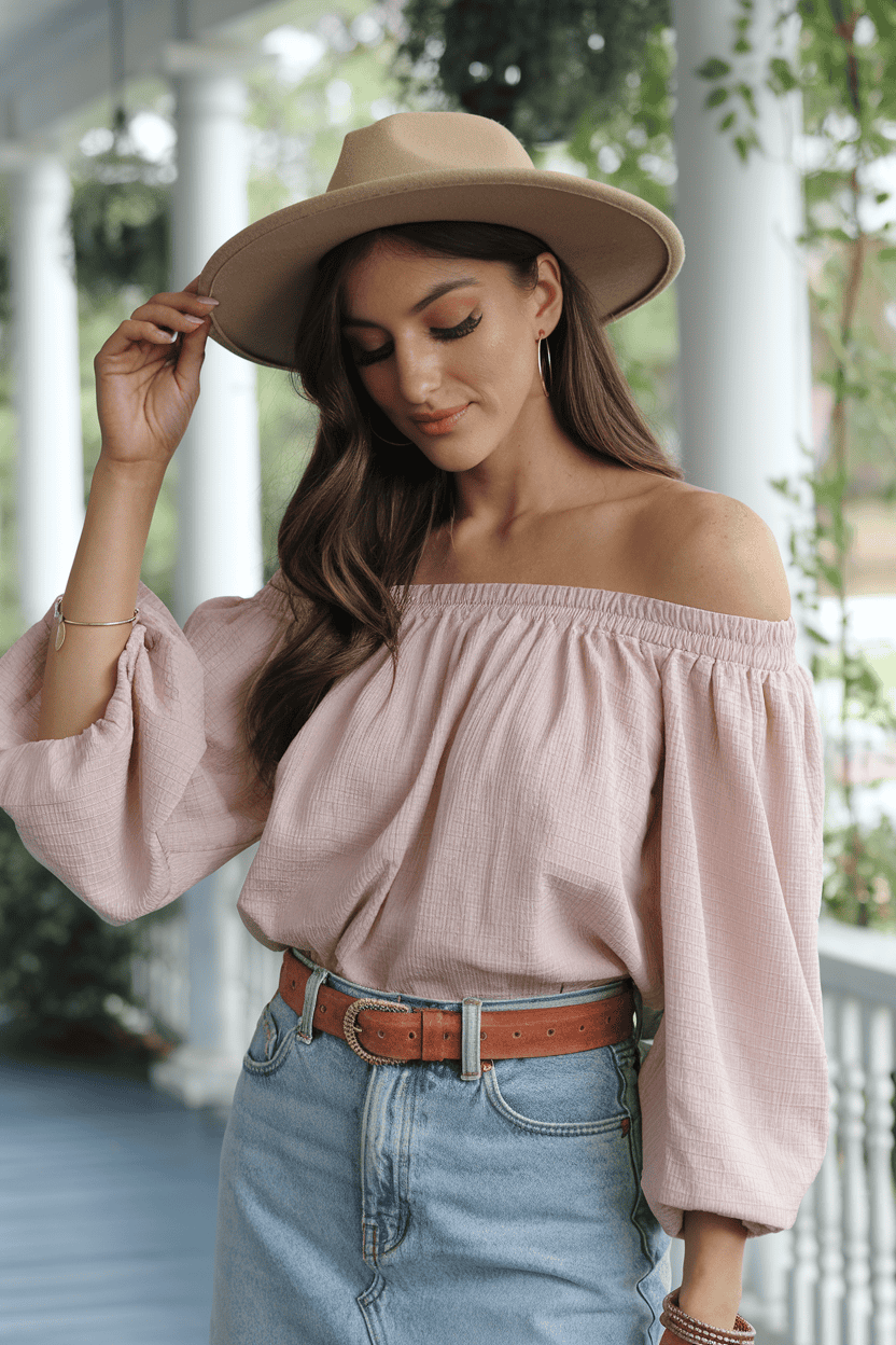 Young woman in off-the-shoulder blush blouse and denim shorts poses gracefully on a porch.