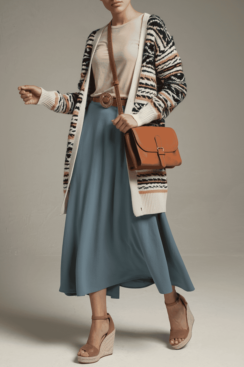 Stylish woman in casual outfit featuring a patterned cardigan, flowing skirt, and chic accessories.