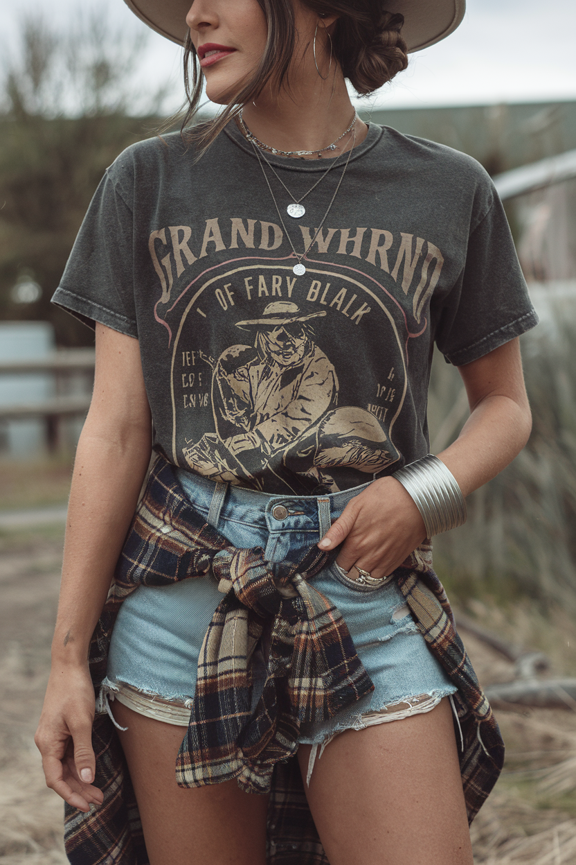 Stylish woman in casual vintage outfit with graphic tee, denim cutoffs, and plaid flannel.