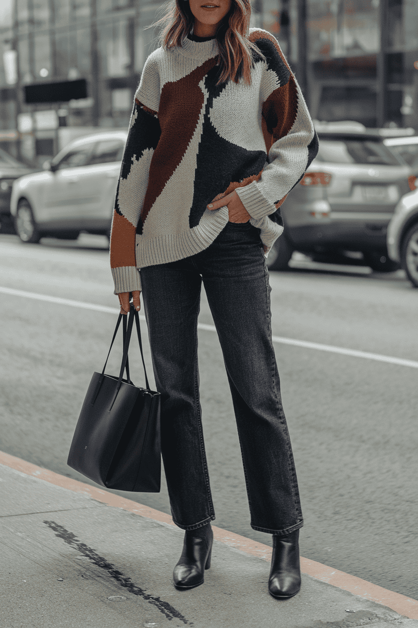 Fashionable woman in oversized sweater and jeans walking in a vibrant city street.