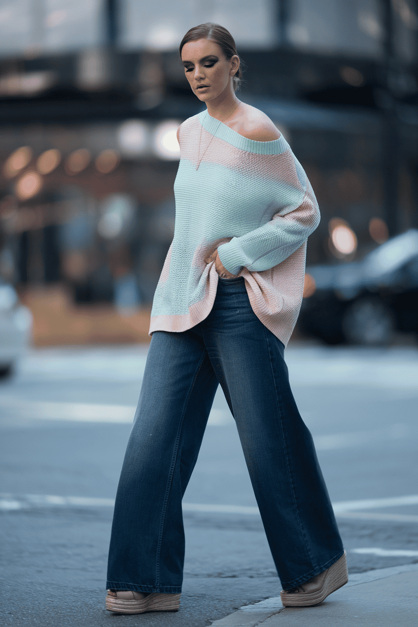 Young woman in oversized sweater and wide-leg jeans walks confidently in urban street style.