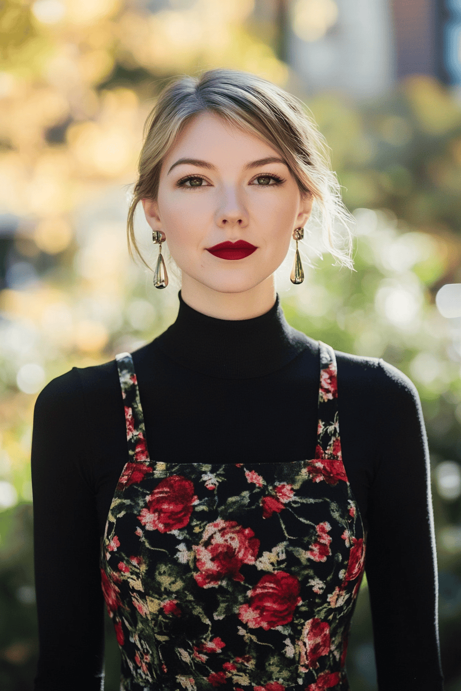 Elegant young woman in black top and floral dress with statement earrings and bold red lipstick.