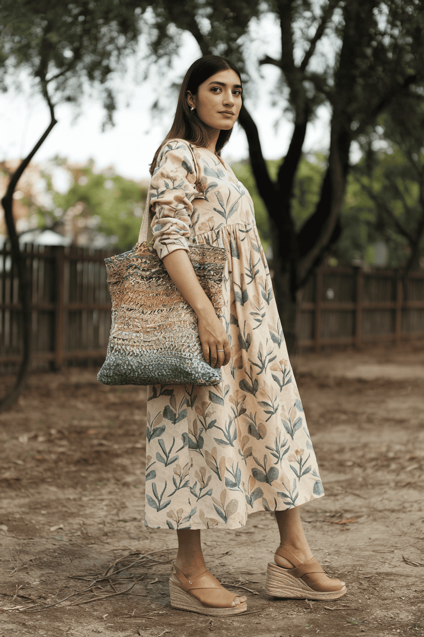 Young woman in floral dress stands outdoors, exuding effortless style in a serene setting.