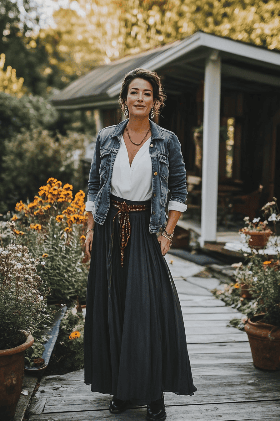 Stylish woman in denim jacket and maxi skirt posing in a flower-filled garden at sunset.