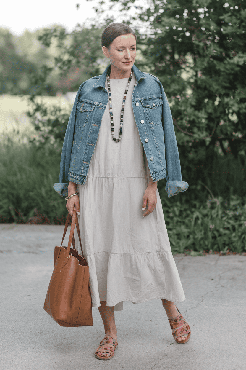 Woman in beige dress and denim jacket surrounded by greenery in a stylish outdoor setting.