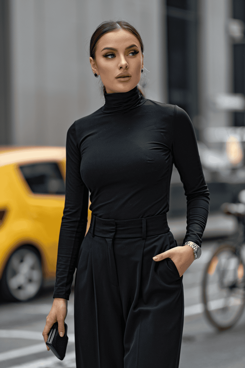 Stylish woman in black turtleneck and high-waisted trousers poses confidently in urban setting.