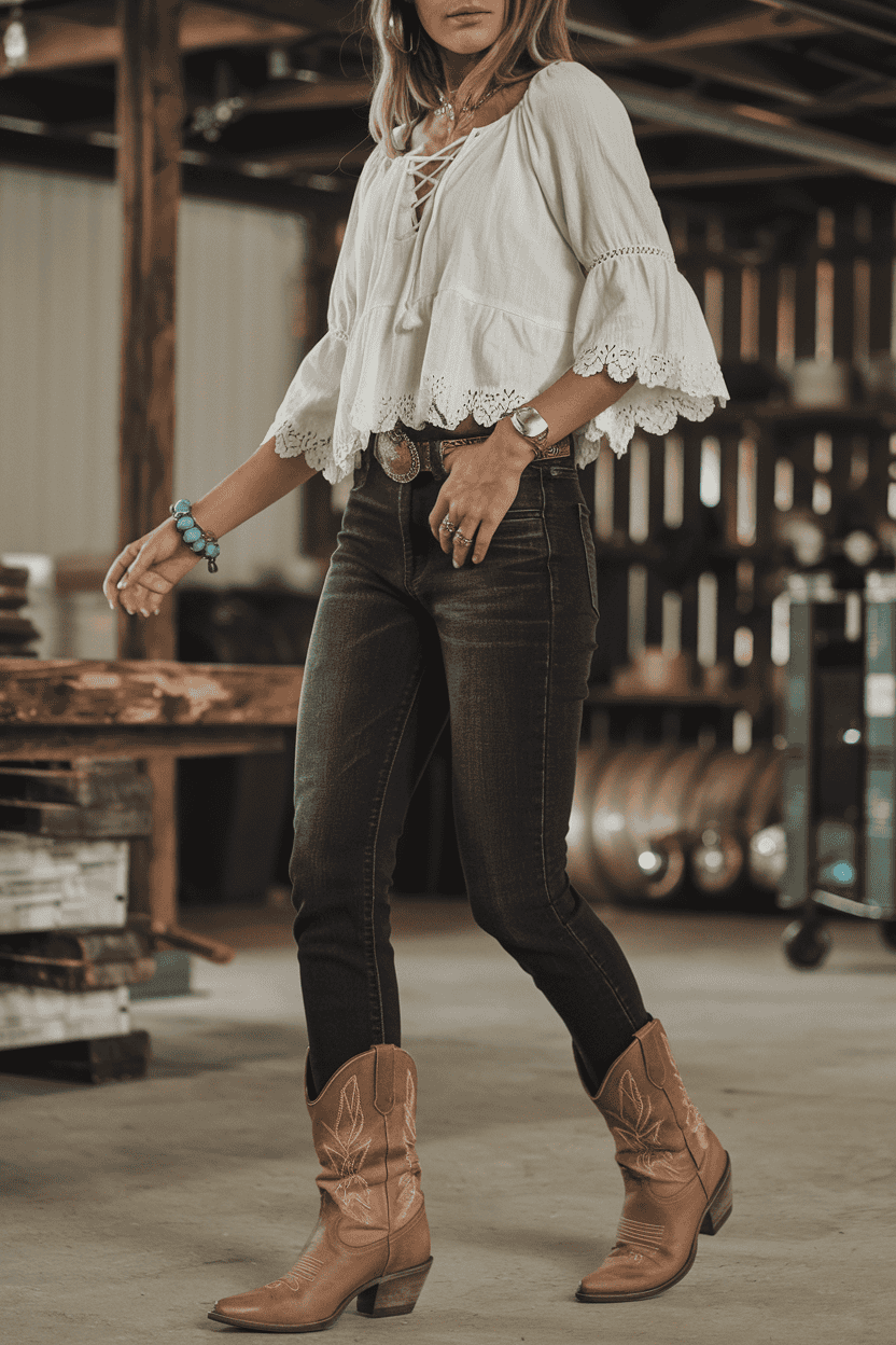 Stylish woman in bohemian blouse and cowboy boots against a rustic backdrop.