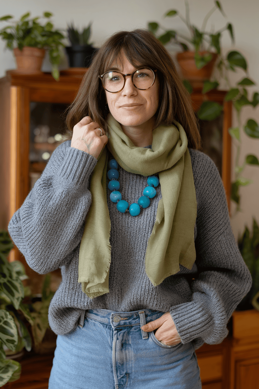 Woman in a cozy sweater and scarf exudes style and comfort in a warm, inviting space.