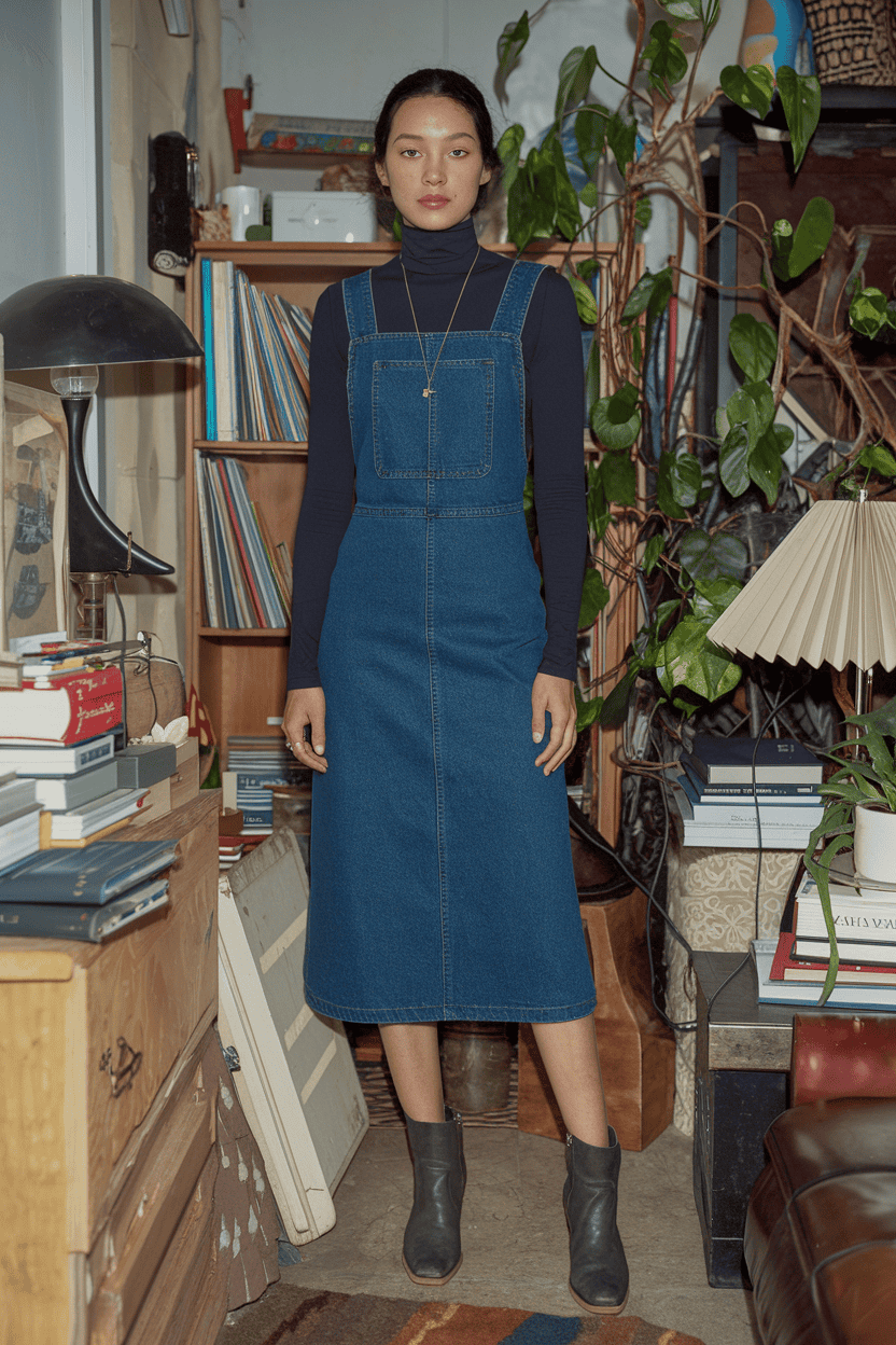 Woman in denim dress poses confidently in a cozy, eclectic interior filled with greenery.