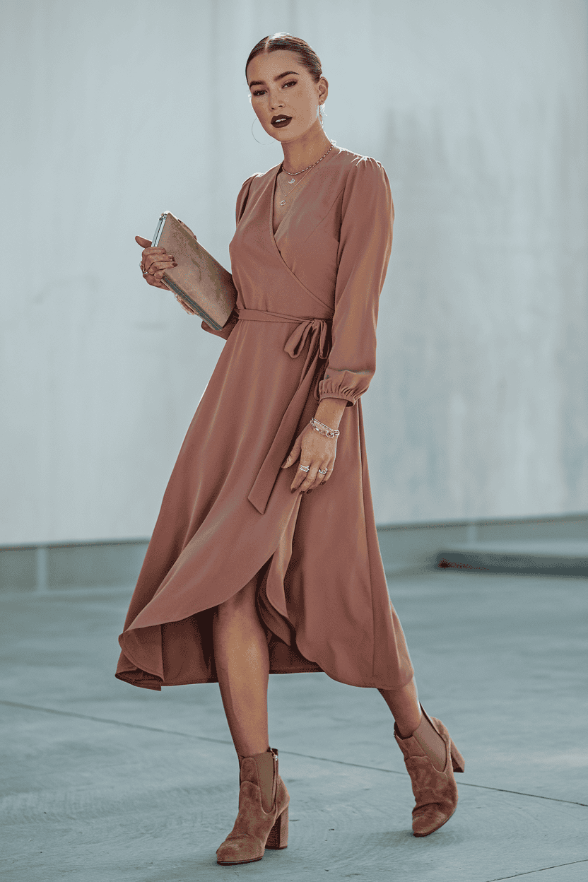 Elegant woman in a stylish wrap dress confidently walking with a chic clutch.