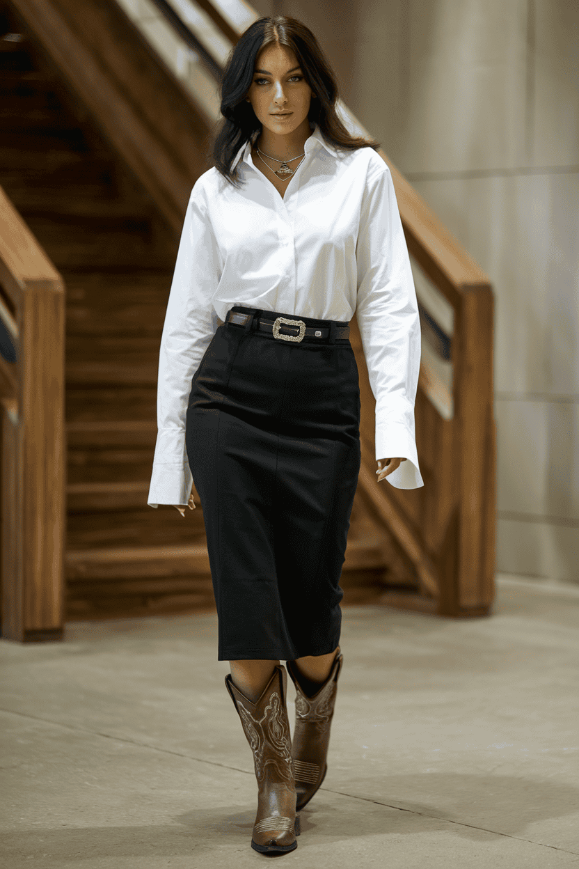 Stylish woman in chic outfit confidently walking through an upscale boutique or gallery.